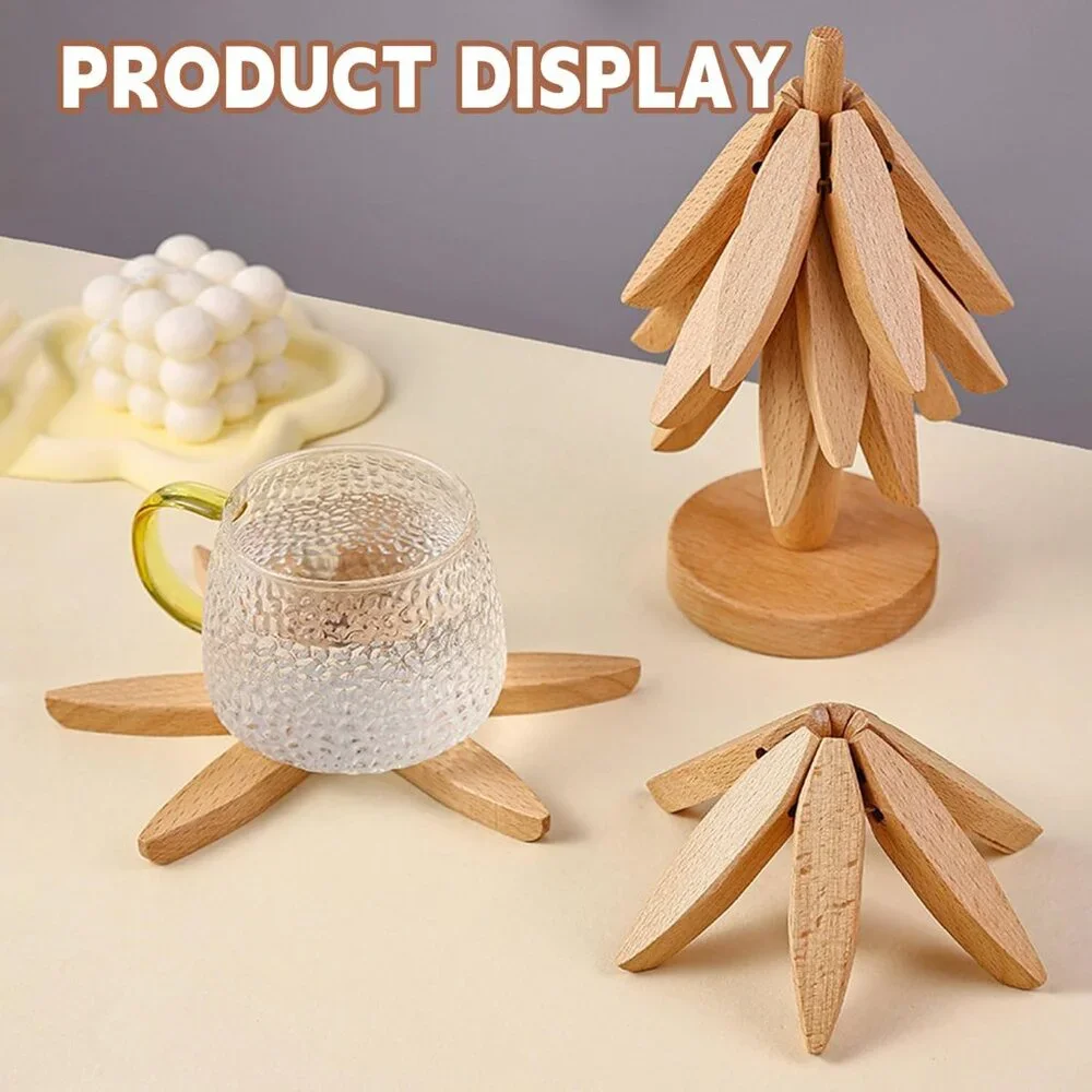 Wooden Trivets for Hot Dishes, Tree Shape Trivet Set, 4 Walnut Wood + 1 Stand st